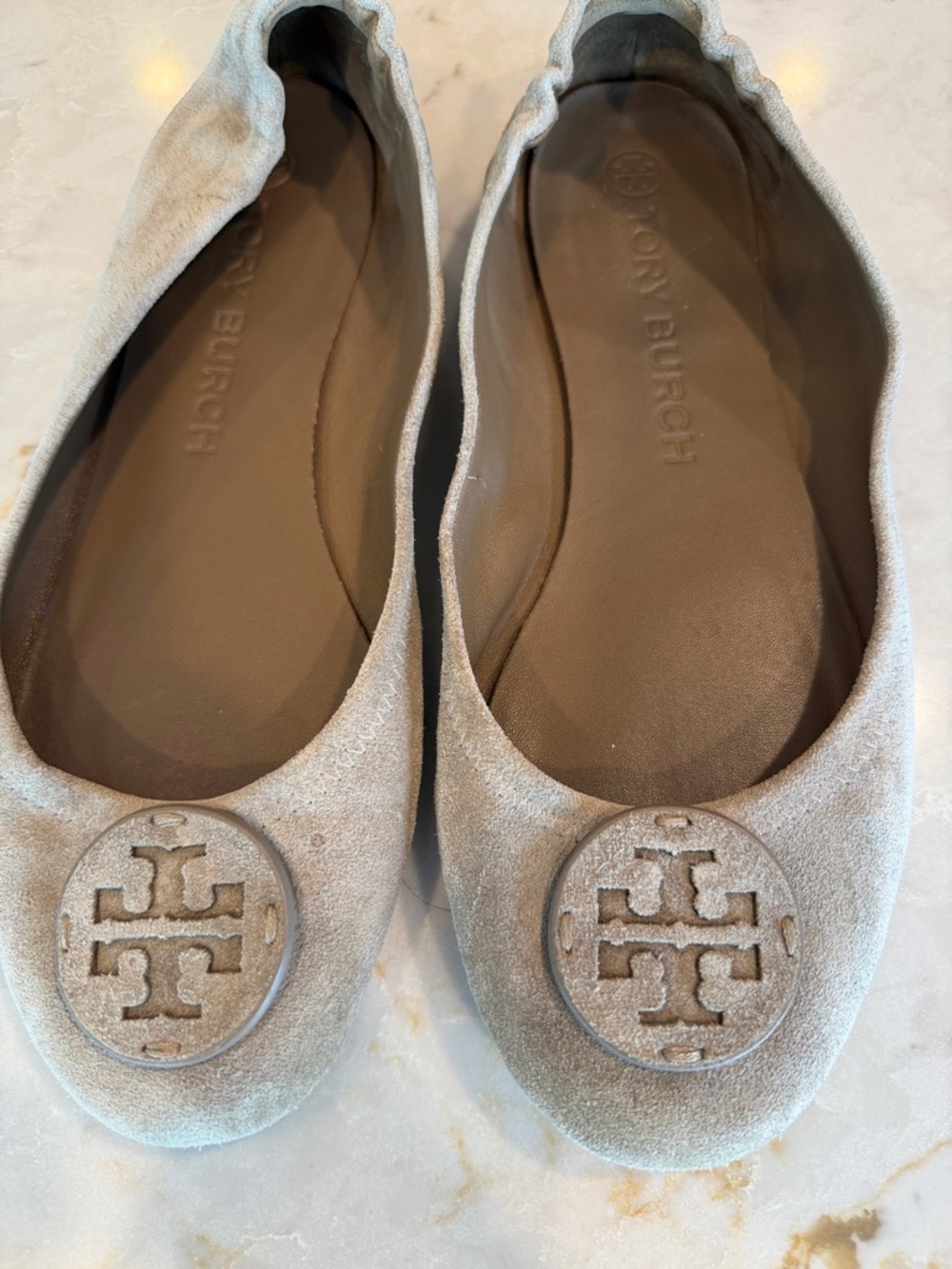 Tory Burch Light Gray Suede Logo Ballet Flats